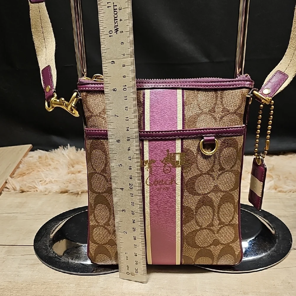 Coach Brown Signature Crossbody with Purple Stripe & Gold Hardware